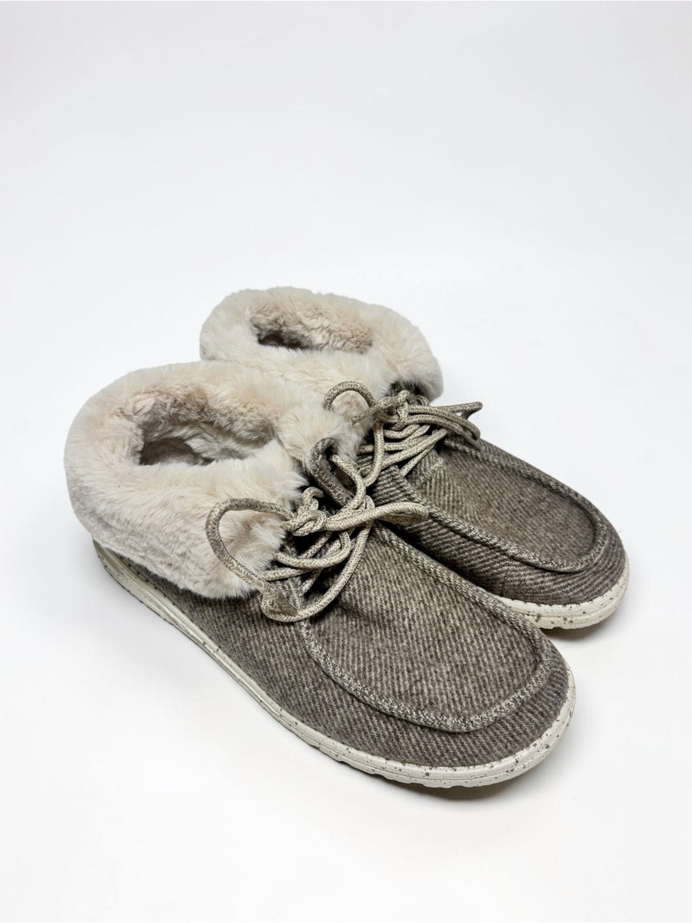 Hey Dude Wendy Fold Faux Fur Slip On Shoes Gray Greige Cozy Size 7